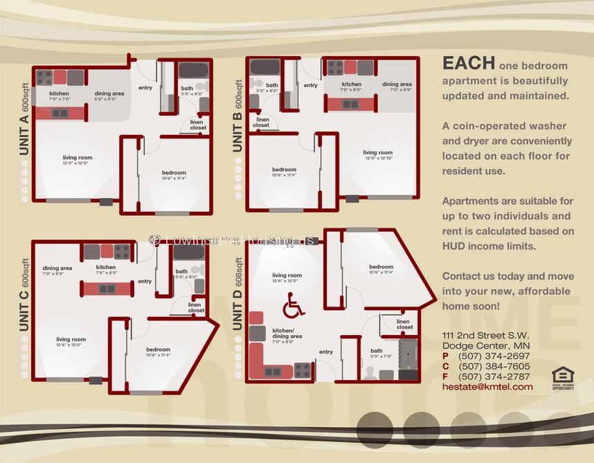 Photograph shows 4 floor plans (A, B, C, D)