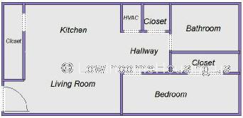 Floor plan for single bedroom facility, with Large living room and and Kitchen combination and spacious closets.