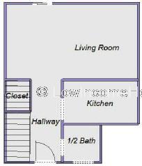 Floor plan showing large living room, kitchen, spacious closet 