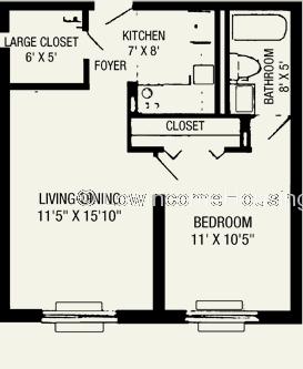 Floor plan of convenient living unit with large bed room, large living area, spacious kitchen, ample closet space. 