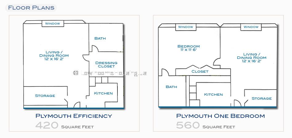 Plymouth 420 Square feet Living/Dining area, large bath, large closet, Complete kitchen and storage unit.
Plymouth 560 Square feet Living/Dining area, large kitchen, bath large closet, Large storage
