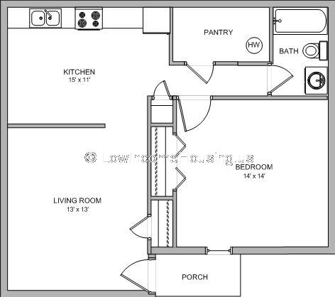 The layout includes a) 14 foot by 14 foot bedroom, b) 13 foot by 13 foot living room, c) 15 foot by 11 foot kitchen as well as a storage pantry and a bath room.   