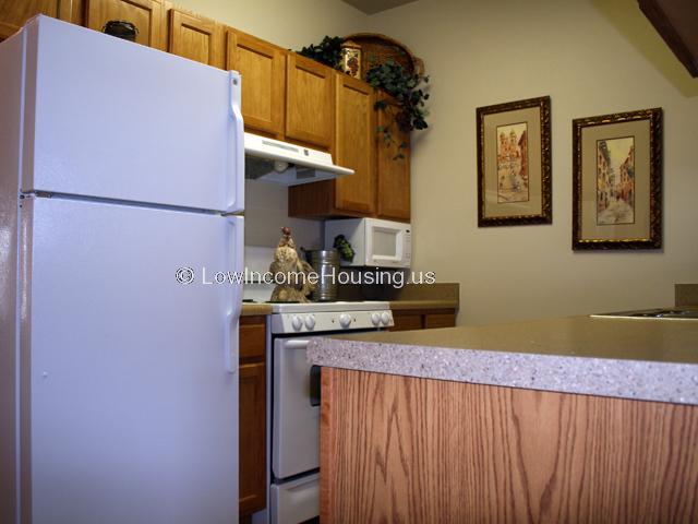Interior view of kitchen facilities include refrigerator, freezer, electric range and microwave, ample storage and counter space