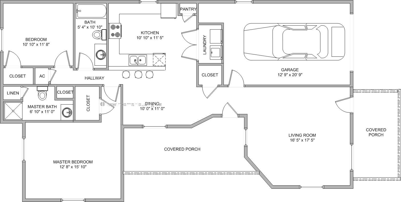 Apartment layout includes: 1) Master bedroom (12 by 15), 2) Living room (16 by 17) 3) Dining area (10 by 11) 4) Guest bed room (10 by 11) 5) Kitchen (10 by 11) 6) Garage (13 by 21 ) 