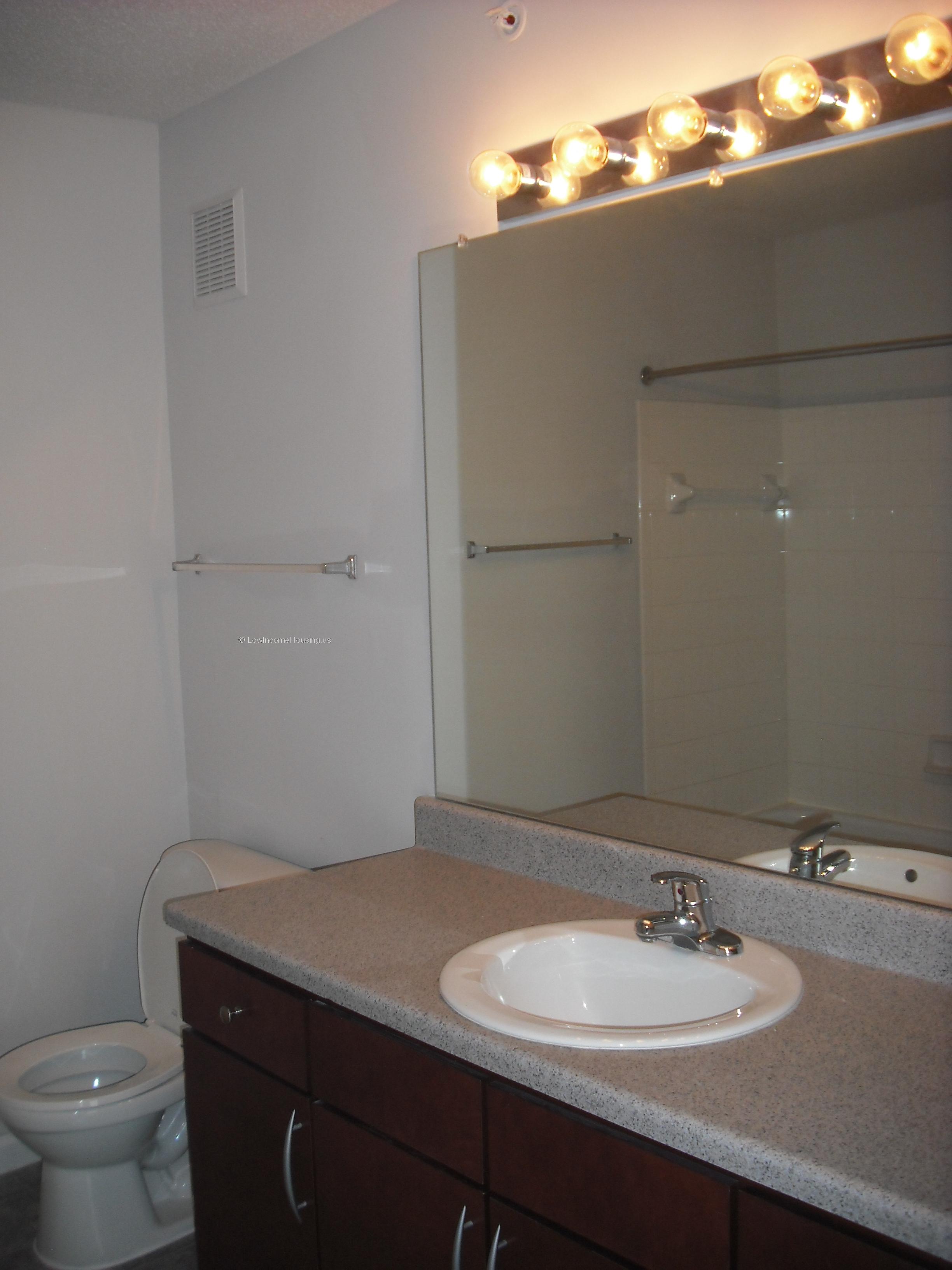 Interior view of toilet wash basin, shower stall, sink 