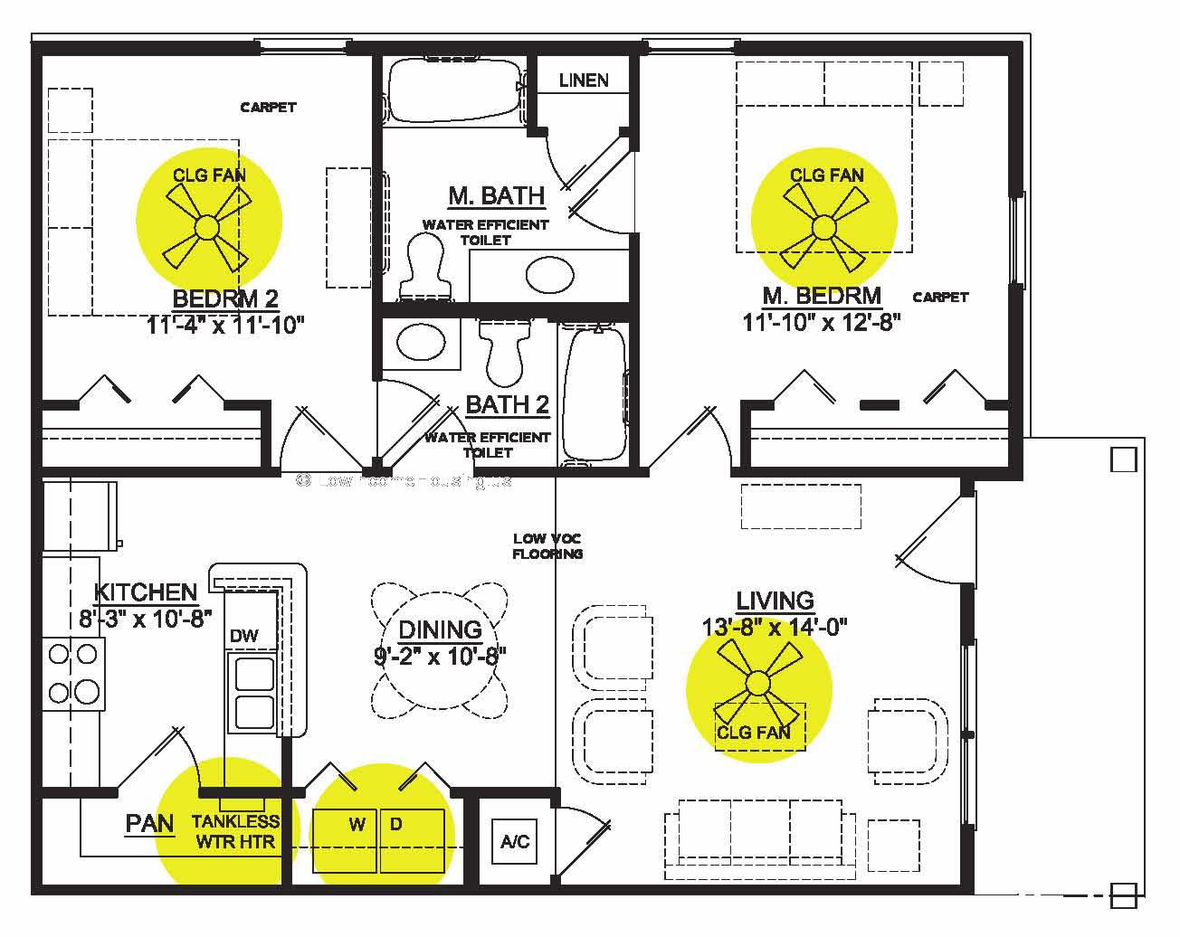 Floor plan showing two bedrooms with private baths and toilets.  Kitchen, Dining and Living Areas. 