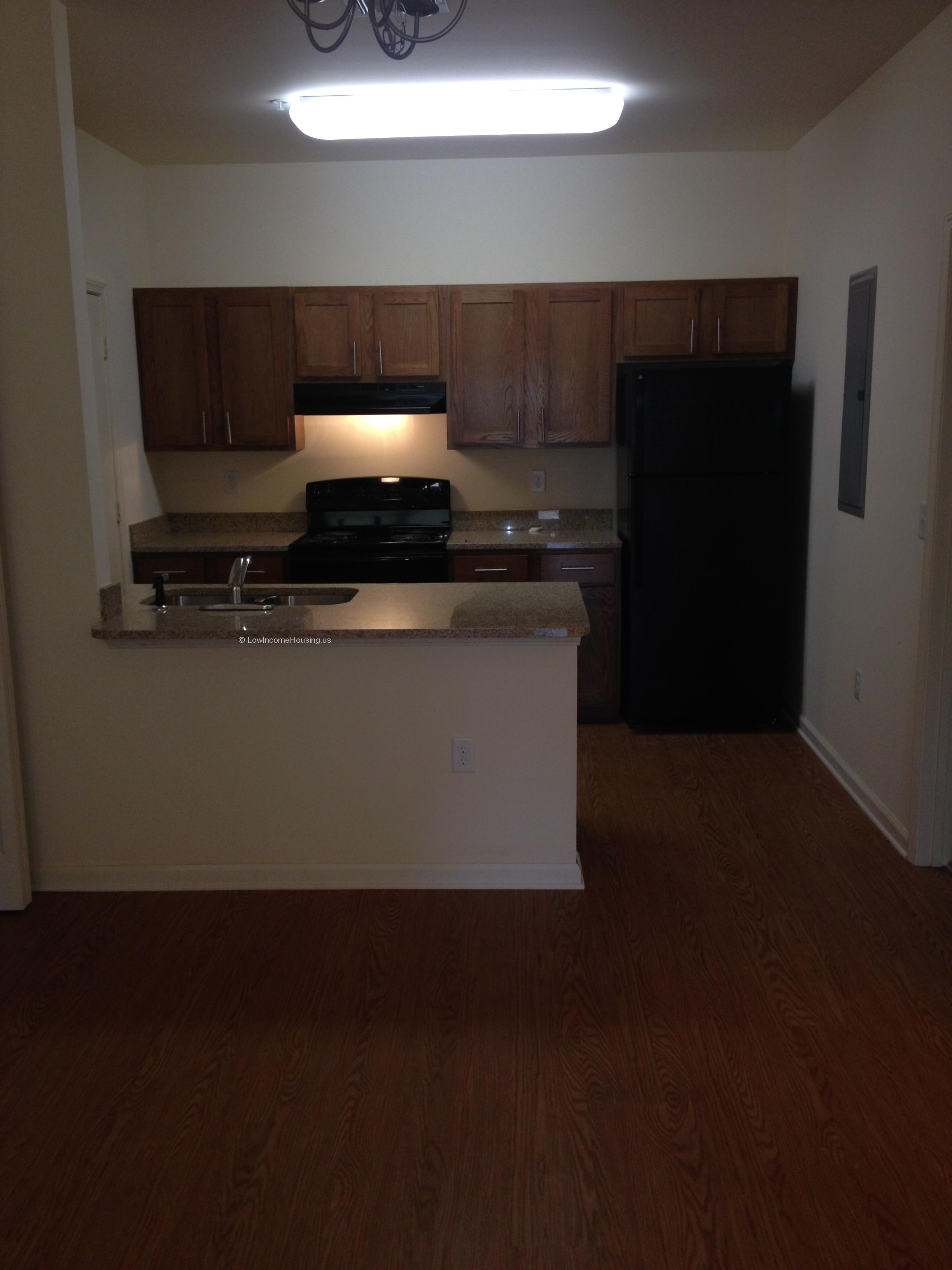 View of kitchen unit equipped with electric stove, twin sinks, refrigerator and freezer.