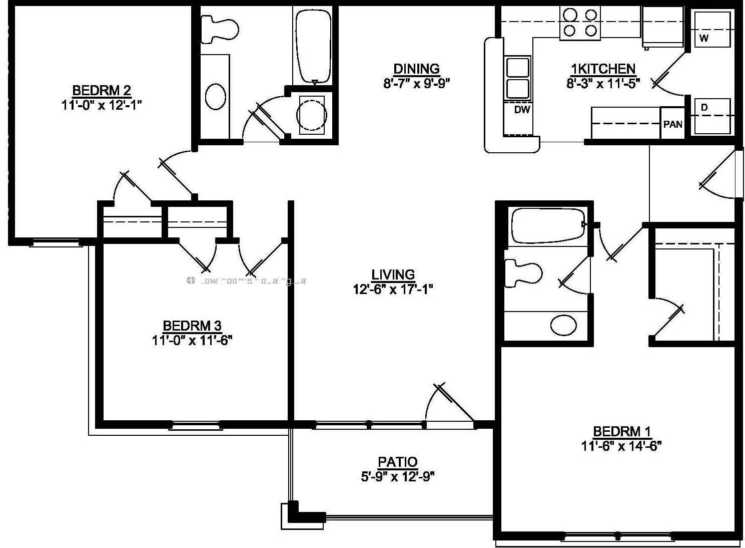 Bedroom 1 (11'x14'), Bedroom 2 (11' x 12'), Bedroom 3 (11' x 12'), Patio (6'x12'), Living (12' x 17') 