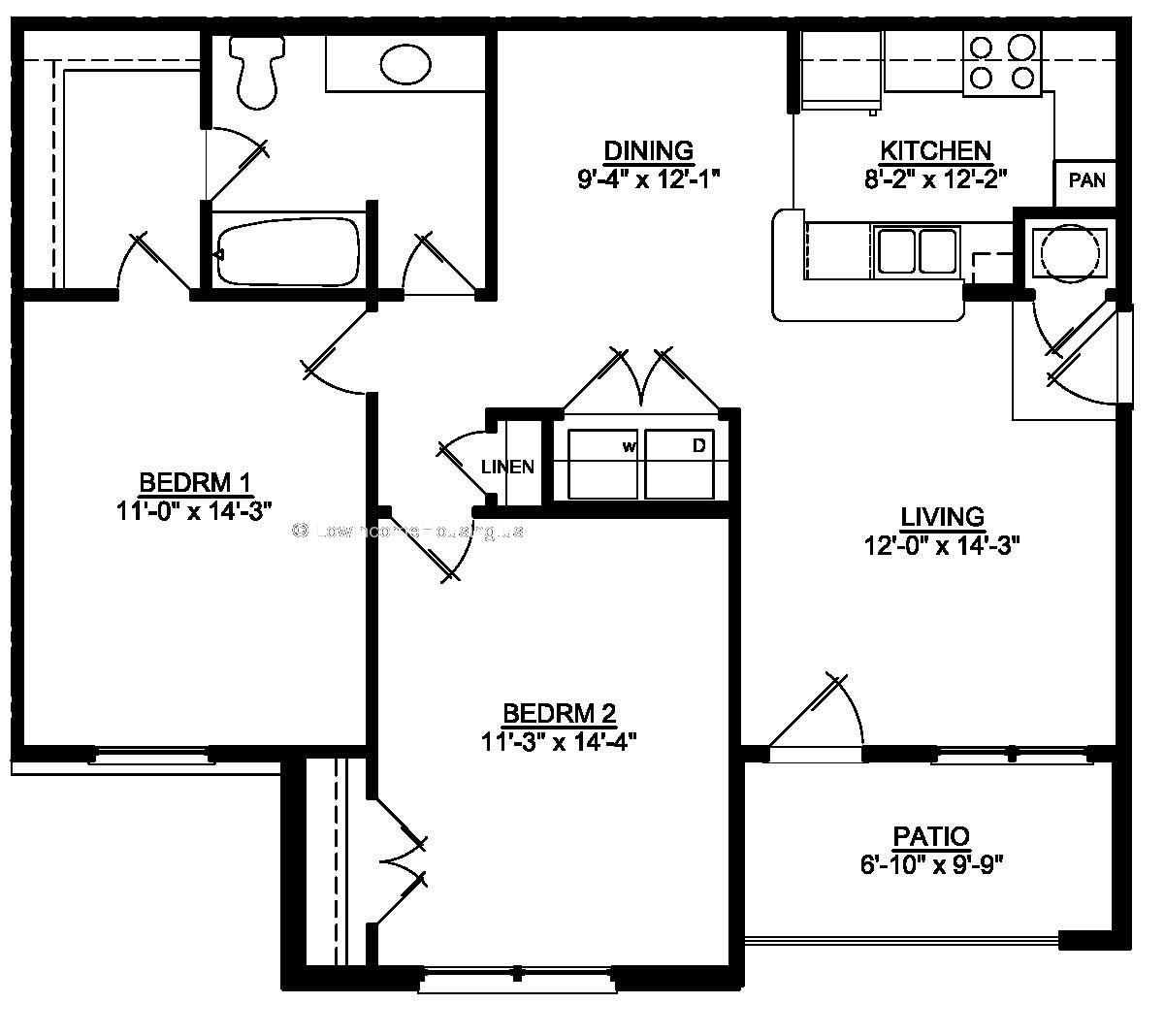 Two large bedrooms (14' x 14'); living area (12' x 14'); exterior Patio (9; x 6') 