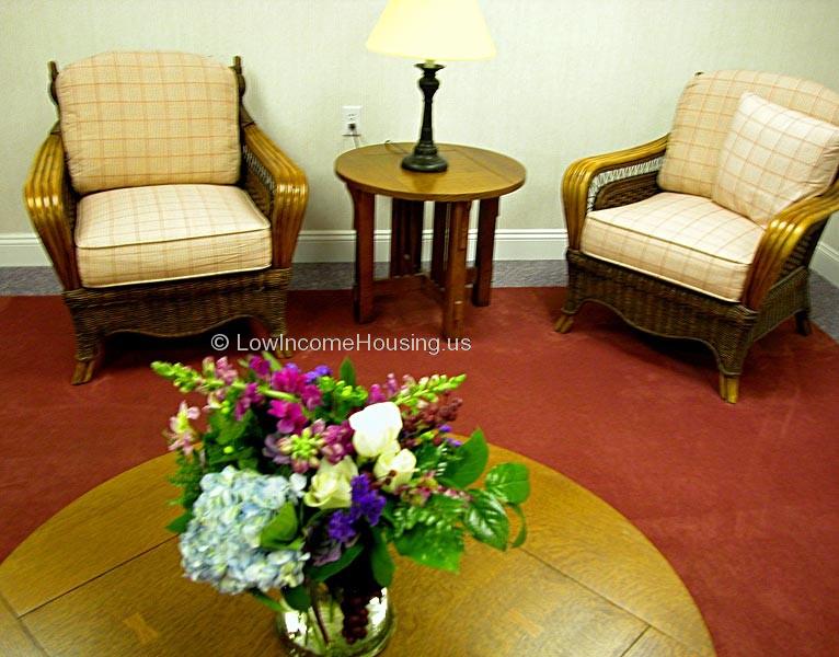 Twin comfortable stuffed arm chairs, lighting and floral decoration.