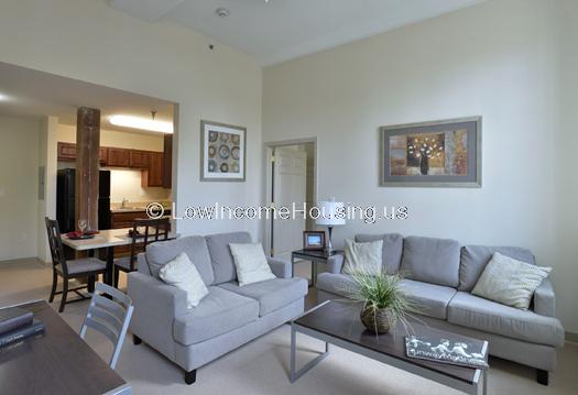 Photograph of apartment living room with kitchen in the background.