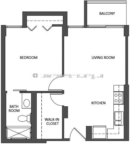 Access to the unit is via a common hallway which gives access to the apartment kitchen and living room. The living room gives access to the balcony, the bedroom and bathroom.  