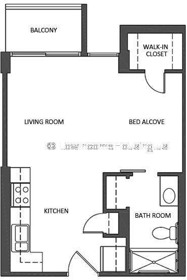 Access to the unit is via a public hallway which leads directly into the kitchen.  The living room and bed alcove provide access to a walk-in closet and Balcony. The bathroom provides a shower space.