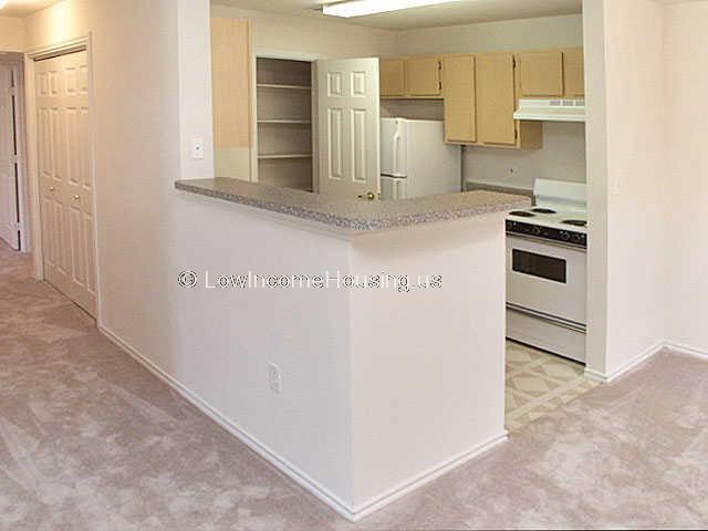 Interior view of apartment with partial view of kitchen, counter top, storage cabinets and easy access to dining area.