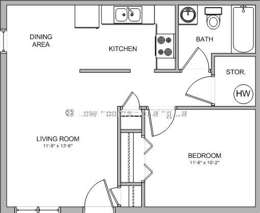 Residential unit consist of 1 bedroom/closet, 1 living/dining  area, Kitchen with sink and stove, Bathroom with tub, toilet and water heater.