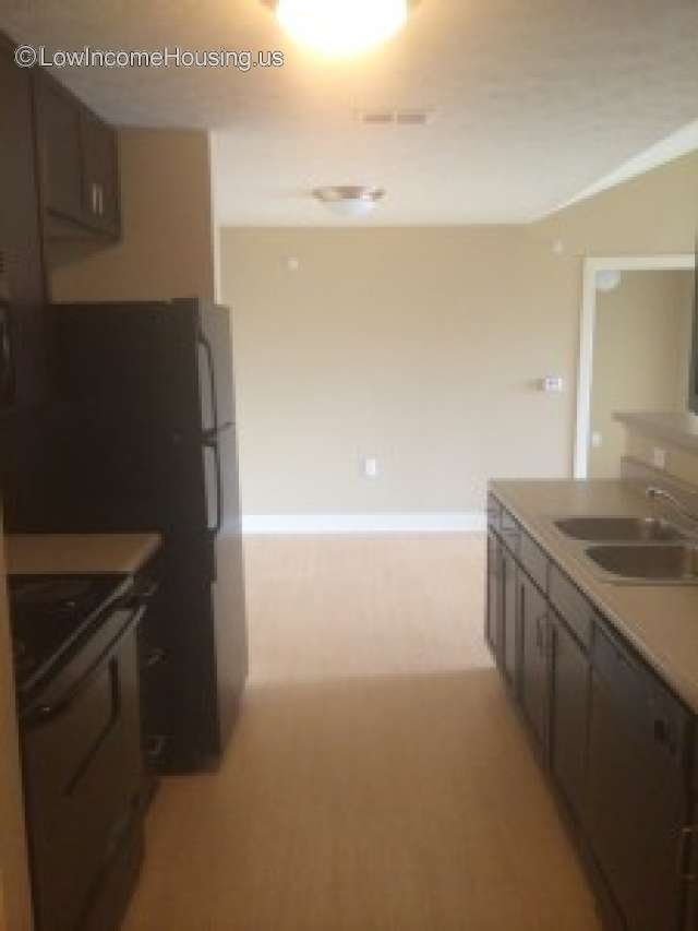 Interior view of Kitchen area with Refrigerator, Freezer, twin sinks stove top heating elements 