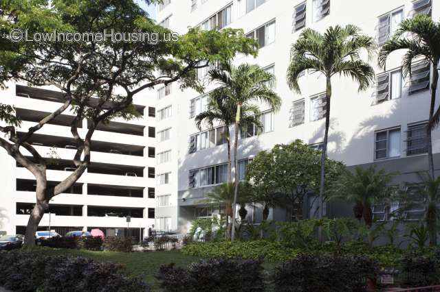 Large white apartment building with parking garage, adjacent mature palm trees and large shade trees.