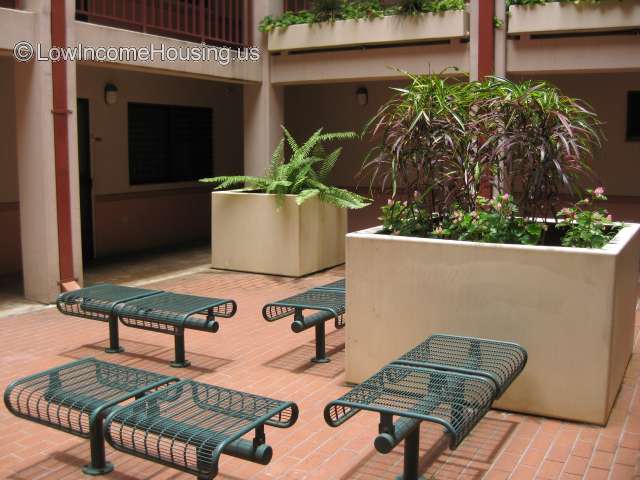 Ground floor of office building with large planter container with foliage and 
Four Green Twisted Wire benches  