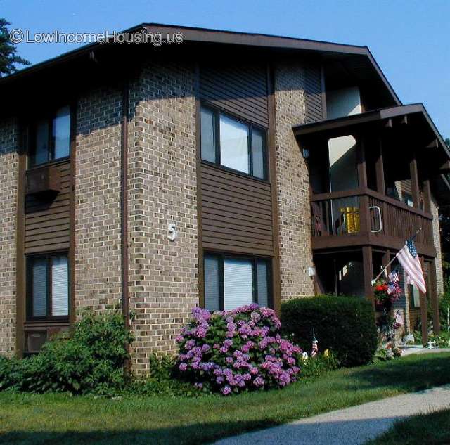 Grey brick two story residential building with an American flag