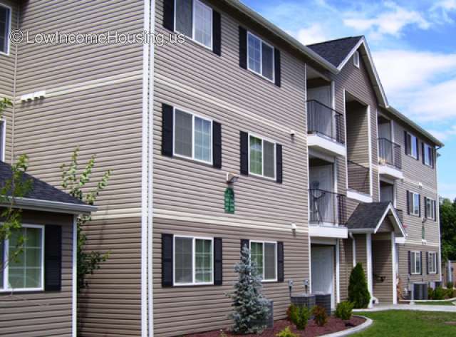 Chestnut Court: This is a photograph taken from the corner of the building so that you can see six windows on each side of the entrance to the apartment builing. In addition there are three openings