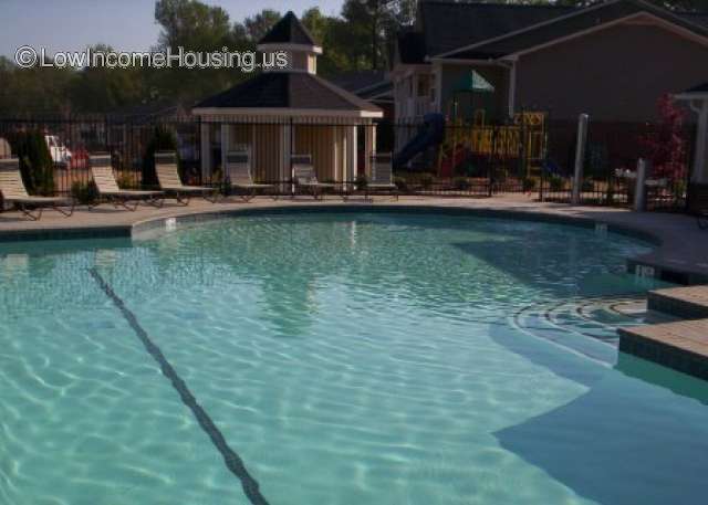 This is a photograph of a swimming pool showing lounge chairs and an exterior bar-be-que. 