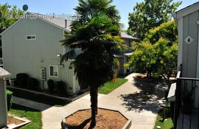 View of apartment buildings that open onto concrete paved outdoor area with mature trees and planter space 